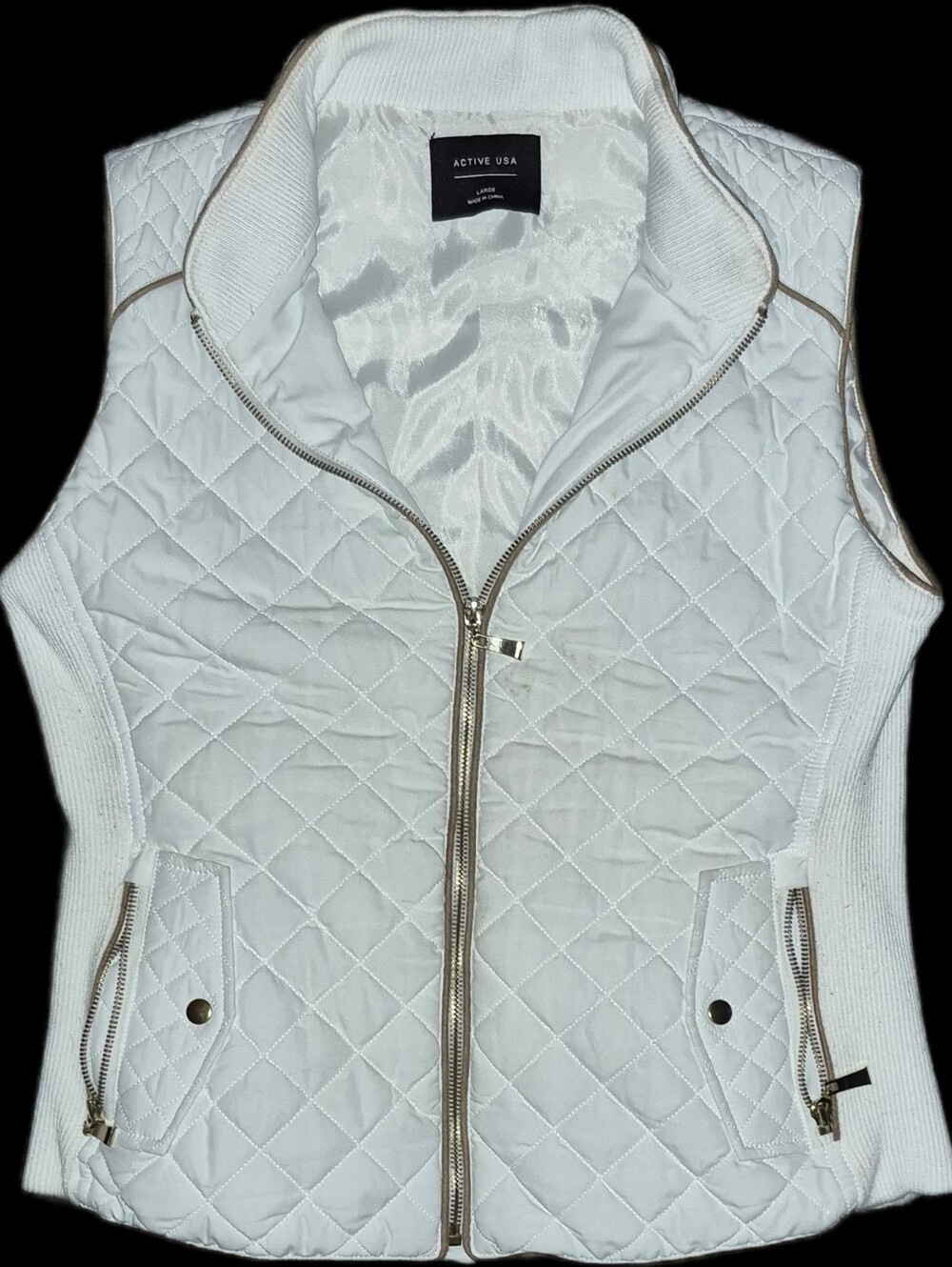 Active USA Quilted White Zip-Front Vest with Rib Trim